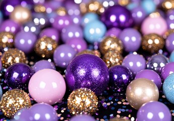 Fototapeta premium Close up view of numerous shiny spheres in varying shades of purple, lavender, gold, and light blue, scattered on a dark surface with glitter. The image evokes a feeling of luxury and festive cheer.