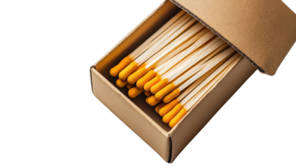 Matches in a brown cardboard box with yellow-tipped heads ready for use in lighting fires or candles at home or outdoors