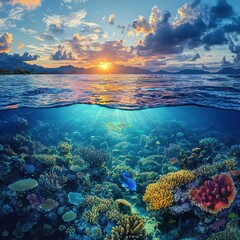 Vibrant underwater scene showcasing coral reefs and a stunning sunset above the water.