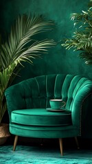 Green armchair with cup for tropical plants backdrop.
