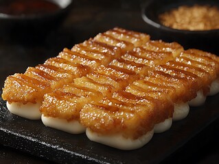 Japanese Rice Cakes Glazed Dessert On Black Plate