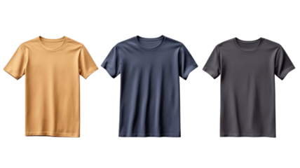 Stylish cotton t-shirts in gold, navy blue, and charcoal gray displayed on a plain background for casual clothing selection