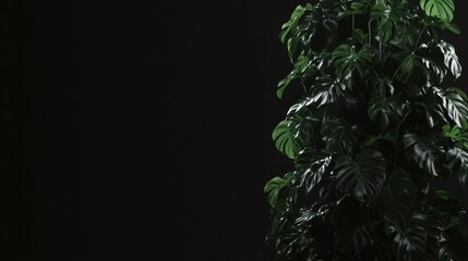 Dark Green Tropical Plant Leaves on Black Background