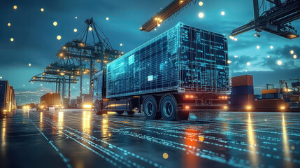 Fototapeta premium A truck on the road is driving past port containers in the background with technology grid lines and data visualizations