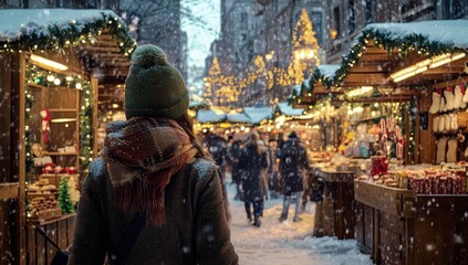 Obraz premium Cozy winter market scene with snow-covered stalls, festive lights, and a person enjoying the holiday atmosphere on a cold day in an urban setting.