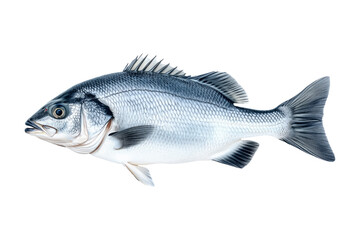 Fototapeta premium Silver sea bass fish isolated on white transparent background, showcasing its shiny scales and natural texture.