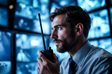 focused security officer using handheld radio in surveillance room