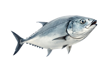 Obraz premium Closeup of a silver tuna fish with smooth scales, sharp fins and a sleek body isolated on white transparent background.