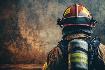 High Detail Image of Outfit of Firefighter on Old Table Background,Fire Equipment Concept