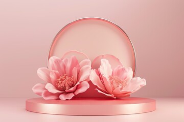 High Detail Visual of Beautiful Round Podium with Pink Flower for Product Display