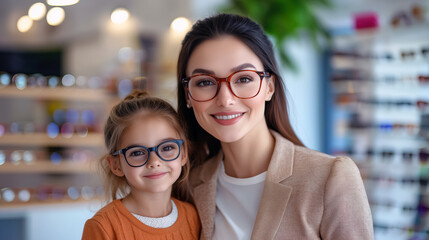 Smiling mother and his daughter chooses eyeglasses frames in optical shop. Eye health care concept.
