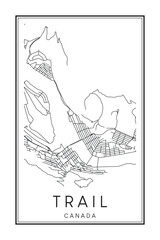 Hand drawn printable downtown road map poster of the Canadian town of TRAIL on solid white background with town name