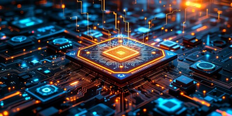 Visualization of an electronic microchip on a glowing and modern circuit board, symbolizing artificial intelligence, high-tech innovation, and technological breakthrough systems.