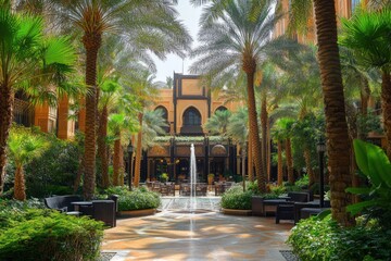 Obraz premium Oasis Courtyard with Palm Trees, Fountain, and Seating.