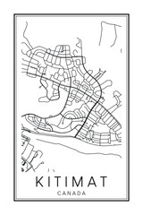 Hand drawn printable downtown road map poster of the Canadian town of KITIMAT on solid white background with town name