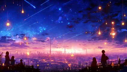 Obraz premium Breathtaking Night Sky Over Cityscape with Glow of Stars, Shooting Stars, and Silhouetted Figures Enjoying the View of a Vibrant Skyline