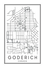 Hand drawn printable downtown road map poster of the Canadian town of GODERICH on solid white background with town name