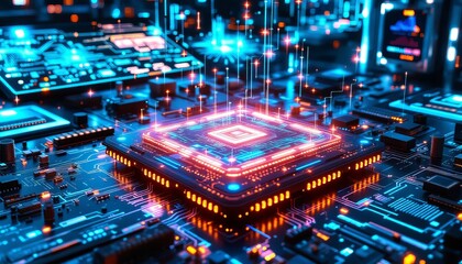 highly detailed depiction of glowing microchip in vibrant futuristic circuit board environment, symbolizing advancements in technology and innovation within the field of electronics and computing.