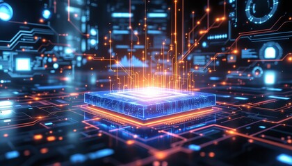 A highly detailed depiction of a glowing microchip in a vibrant futuristic circuit board environment, symbolizing advancements in technology and innovation within the field of electronics