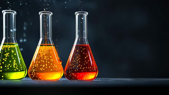 Colorful chemicals react in laboratory glassware, showcasing vibrant reactions with bubbles and glowing effects.