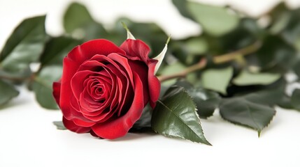 Fototapeta premium Single dark red rose with green leaves on white background. Close up view of a velvety rose.