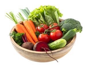 Fresh food carrot, tomatto, brokoli, lettuce, beetroot, cucumber in a earth bowl on transparent background
