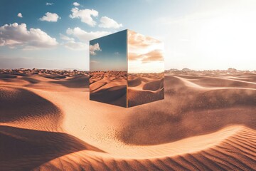 Surreal image of a mirrored cube floating over sand dunes, reflecting the desert landscape and cloudy sky