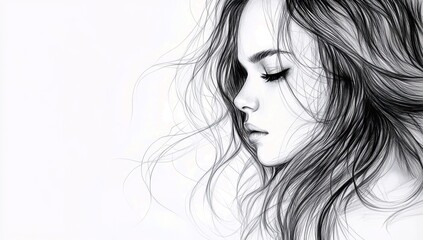 Fototapeta premium Elegant Line Art Portrait of a Young Woman with Flowing Hair, Capturing Feminine Grace and Serenity in Minimalistic Style