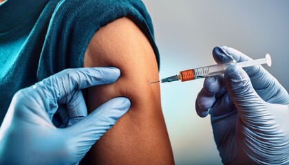 Close-up of a hand injecting a vaccine into an arm, showcasing medical precision and immunization care