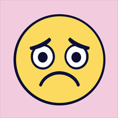 Sad Face Emoticon Vector Design on Pink Background – Expressive Yellow Icon Illustration for Communication and Emotion Concepts.