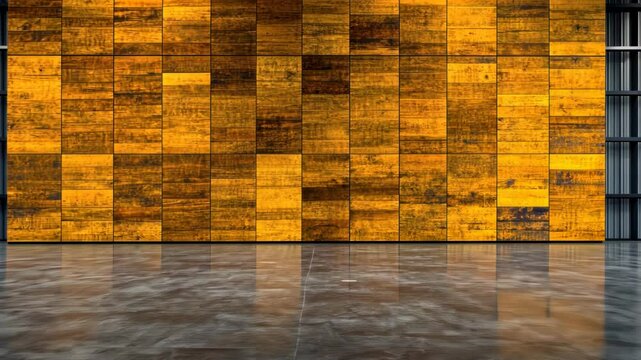 A warehouse wall made of wooden panels, creating an industrial design aesthetic.