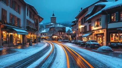 Obraz premium Snowy Alpine village night street scene
