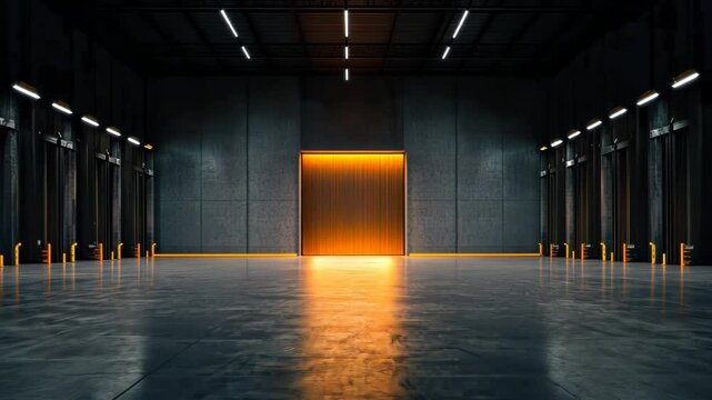 A large, empty warehouse with an illuminated orange door, highlighting industrial architecture.