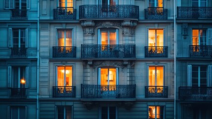 Parisian building, night lights, apartments, city, dusk, home, windows, balconies, real estate, travel