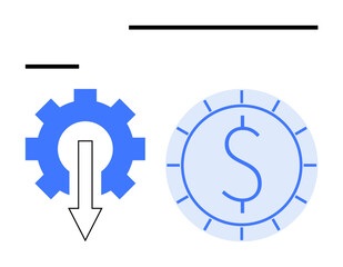 Gear with downward arrow beside a dollar coin reflecting cost efficiency, economic savings, financial optimization, strategy improvement, resource management, productivity, business success. Ideal