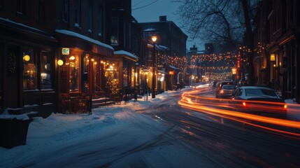 Naklejka premium Snowy Street, Night Lights, Cityscape, Winter