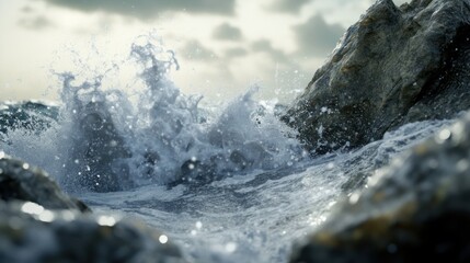 Ocean wave crashing rocks, coastal storm