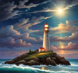 Illustration of lighthouse with starry sky.