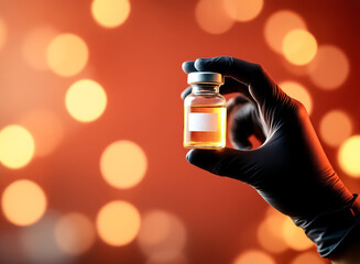 gloved hand carefully holds a small amber vial of liquid.