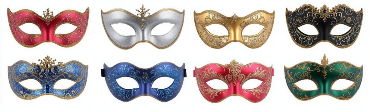 Collection of eight elegant masquerade masks in various colors red, silver, gold, black, blue, dark red, and green. Each mask features a delicate, ornate pattern and gold accents.
