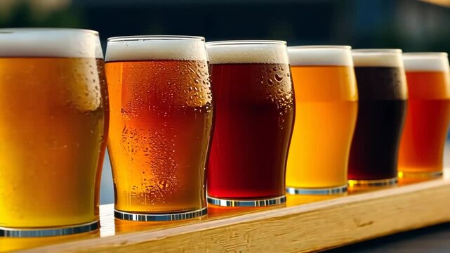 A row of beer glasses in different colors, showcasing the diversity of beers in a refreshing outdoor setting.