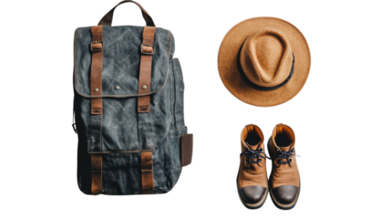 Essential travel gear displayed with a vintage backpack, stylish hat, and sturdy hiking boots for outdoor adventures