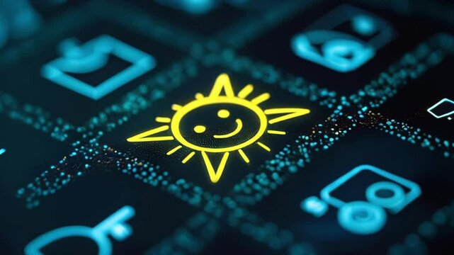 Close up neon glowing icon "sun" key on futuristic keyboard, future technology concept
