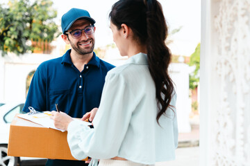 A woman receives a package from a delivery man during rush hour in front of her house.