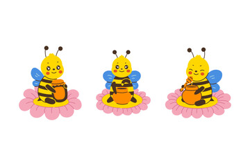 Fototapeta premium Cute Honey Bee Sitting on Flower Set. Cartoon Honeybee character eating from pot or jar. Baby Bumblebee Mascot collection for apiculture and beekeeping in flat style. Vector illustration