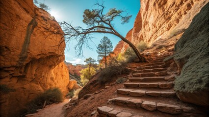 Obraz premium Canyon Trail with Stone Steps and Arched Tree
