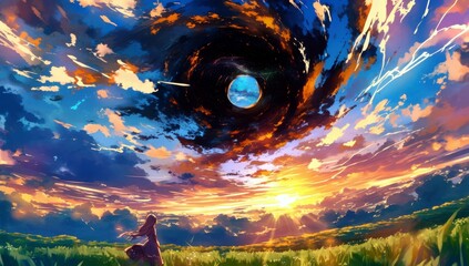 Ethereal Landscape with a Girl Gazing at a Vortex in a Vibrant Sky, Surrounded by a Lush Green Field and Dramatic Lighting Effects