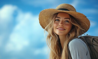 A solo female traveler enjoying a sunny beach vacation, smiling with a relaxed expression, wearing a hat and sunglasses, with the blue sky in the background.