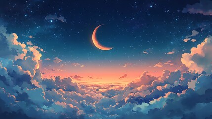 Sunset cloudscape, crescent moon, starry night, fantasy art