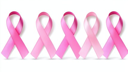 Five pink ribbons arranged in a row against a white background. Shades of pink vary slightly. Soft lighting and subtle shadows.